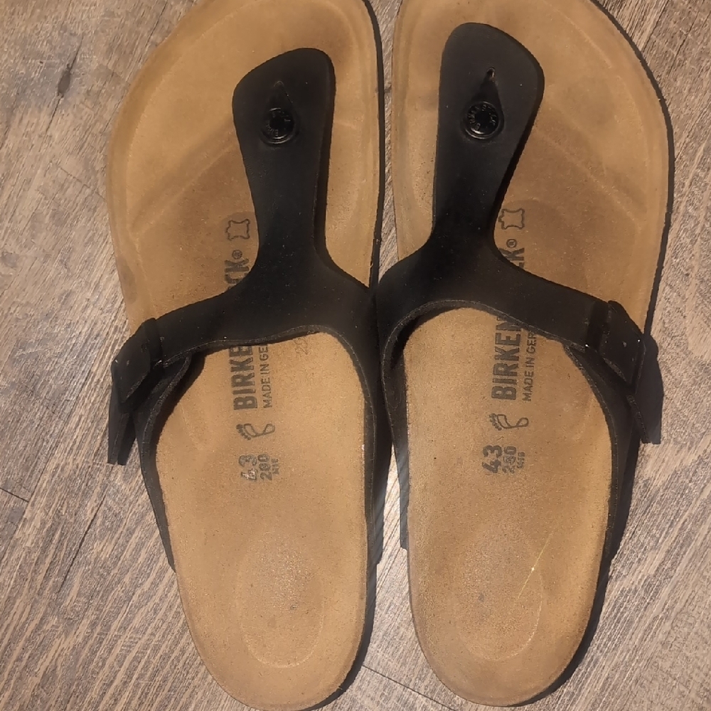 Birkenstock Unisex Black and Tan Sandals Cork Footbed Two-Strap Leather Sandals